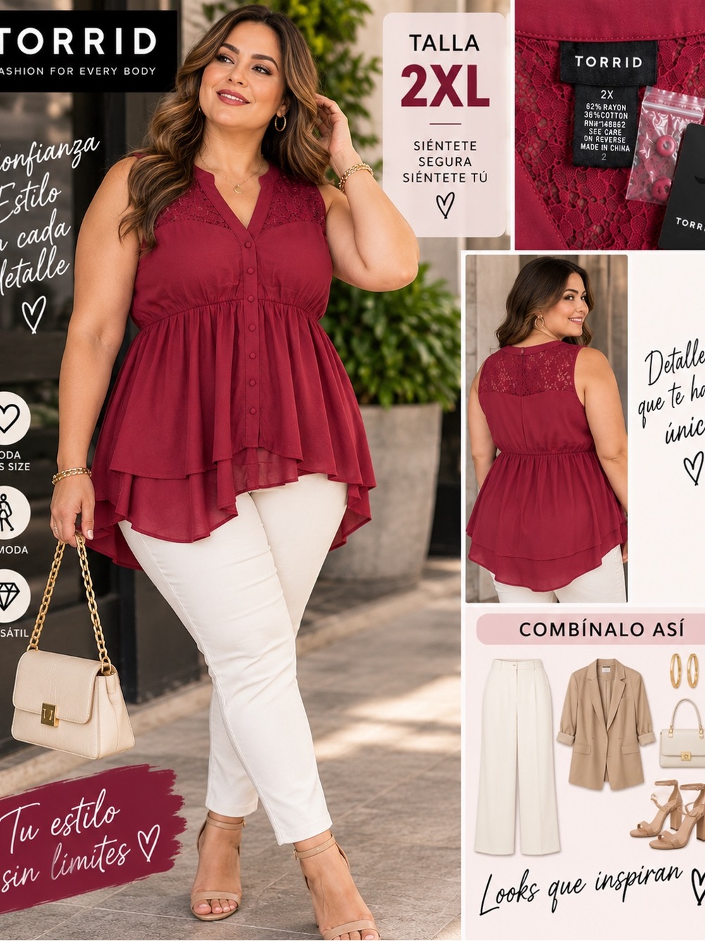 torrid Burgundy Lace-Trim Button-Front Peplum Camisole